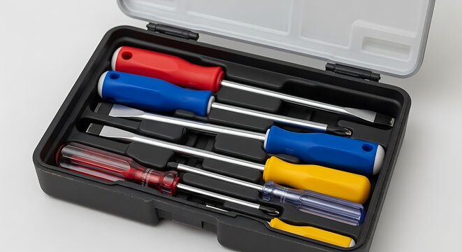 A set of screwdrivers in a black plastic case with a gray lid, neatly organized for easy access and storage.