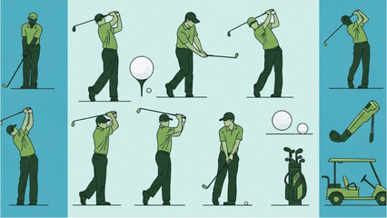 Naklejka premium Golf Swing Sequence Illustration Steps for a Perfect Shot in Green and Teal