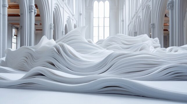 An abstract sculpture made of white wavy material is displayed in a grand architectural interior with columns and arched windows, illuminated by soft natural li - Powered by Adobe