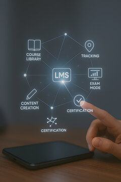 Finger touching LMS diagram with course management icons