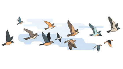 A stylized vector illustration of a flock of birds soaring through the sky with a sense of freedom