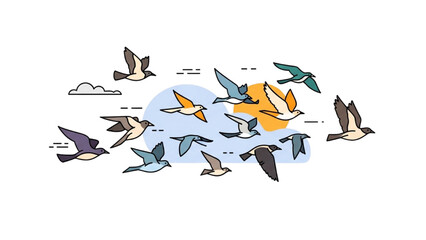 Flock of Birds Soaring in Sky, Colorful Minimalist Illustration