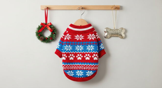 Festive red and blue dog sweater with ugly Christmas pattern featuring snowflakes and paw prints, hanging on wooden rack with wreath and bone decoration - Powered by Adobe