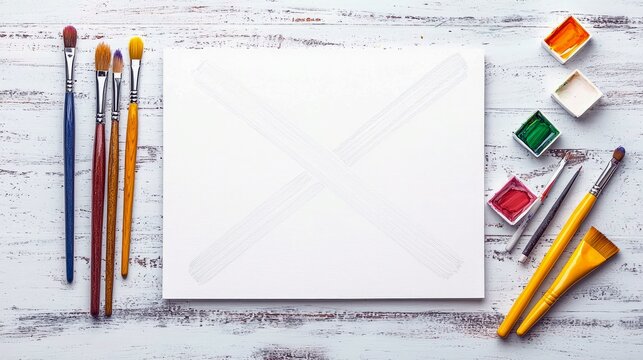 Art supplies including brushes and watercolor paints are laid out on a white wooden table next to a blank canvas. Overhead view, bright natural light.