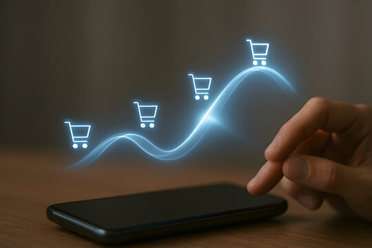 Finger interacting with smartphone displaying shopping carts on a graph