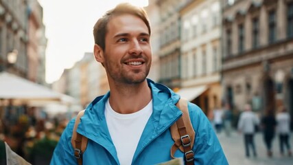 europe man - A man walking through a vibrant street filled with outdoor cafes and shops, sunlight casting a warm glow, evoking a sense of exploration and relaxed leisure