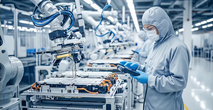 Technician in clean suit inspecting electric vehicle battery pack on automated assembly line with robotic arms