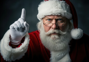 Serious santa claus with a stern expression and finger raised, warning against naughty behavior during christmas