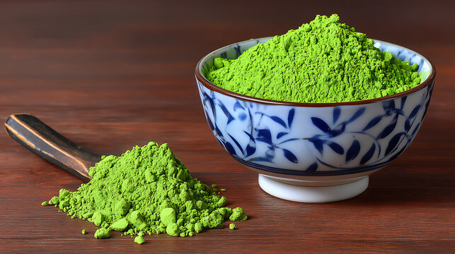 Preparing vibrant green matcha powder kitchen counter food preparation indoor close-up culinary art