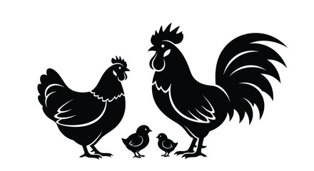 Fototapeta premium Black silhouette of a rooster hen and two chicks on a white background