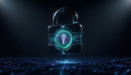 Futuristic digital padlock with glowing blue keyhole icon symbolizing cybersecurity data protection and network security concept in dark environment