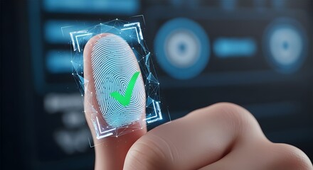 Fingerprint scan with green checkmark overlay indicating successful biometric authentication and security access on a digital interface background