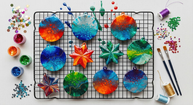 Vibrant abstract Christmas ornaments created with acrylic pouring technique, featuring circular and star shapes on a drying rack, surrounded by colorful paints and