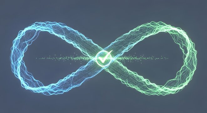 Digital representation of the infinity symbol made of glowing blue and green particles with a checkmark at the center on a dark background - Powered by Adobe