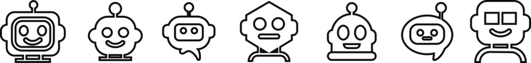 Robot face icon set in line collection group, artificial intelligence AI chatbot android avatar head symbol pack, robotics automation machine humanoid bot kit, synonym cyborg AI digital assistant