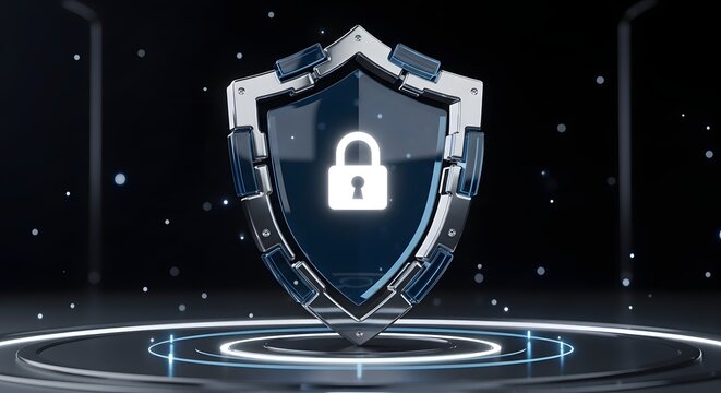 Digital security shield with glowing padlock icon symbolizing data protection, privacy, and cybersecurity concept in a dark futuristic environment