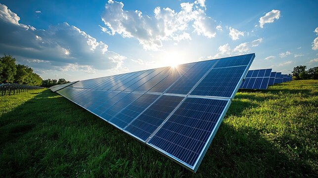 Embrace clean energy with expansive solar panel array on a lush meadow under the radiant sun, promoting sustainability and environmental responsibility.