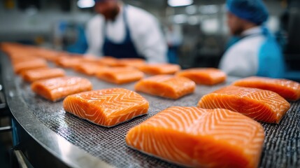 Fresh salmon fillets on a conveyor belt in a food processing facility. Illustrates food production, quality control, or seafood industry topics.