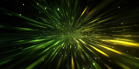 Abstract Digital Artwork of Green And Yellow Light Trails Emerging From Dark Center