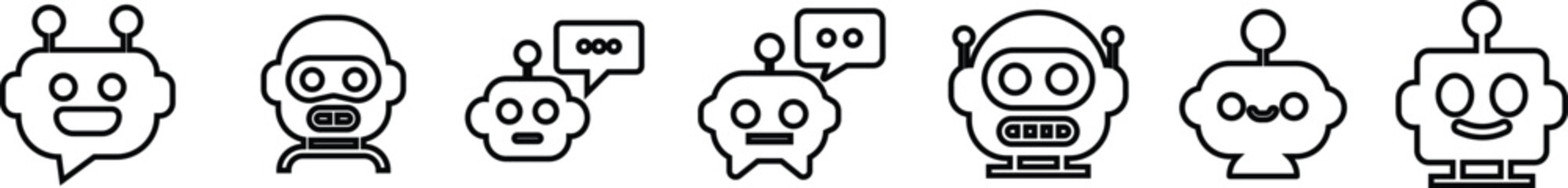 Robot face icon set in line collection group, artificial intelligence AI chatbot android avatar head symbol pack, robotics automation machine humanoid bot kit, synonym cyborg AI digital assistant