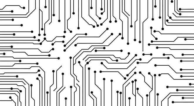 Illustration of a circuit board pattern with black lines and dots