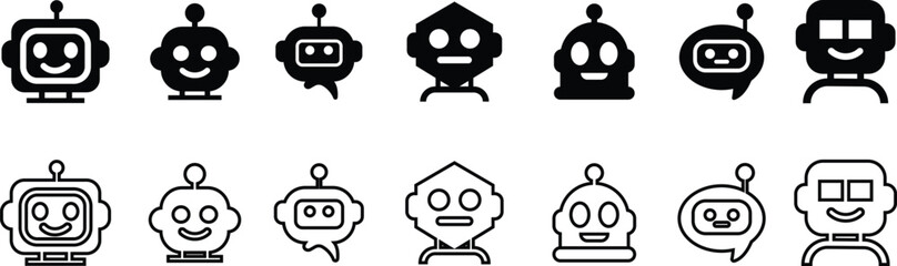 Robot face icon set in flat line collection group, artificial intelligence AI chatbot android avatar head symbol pack, robotics automation machine humanoid bot kit, synonym cyborg AI digital assistant