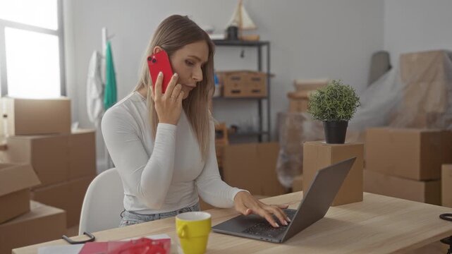 Young woman with blonde hair using a red phone and laptop in a new home surrounded by cardboard boxes and household items, implying a recent move or relocation.