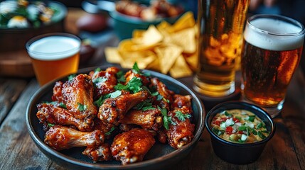 Enjoy delicious wings, cold beer, and crunchy tortilla chips for your next tailgate party, game day, or social gathering with friends at a restaurant