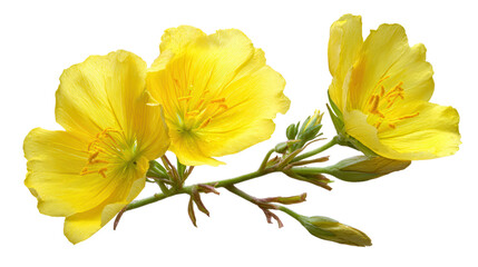 Fototapeta premium Bright yellow evening primrose flowers and buds isolated on a transparent background