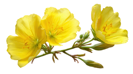 Bright yellow evening primrose flowers and buds isolated on a transparent background