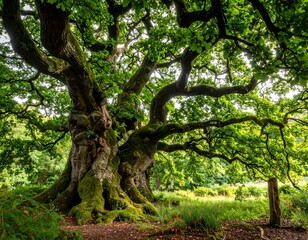 Fototapeta premium Large, ancient oak tree, lush green leaves, mossy trunk
