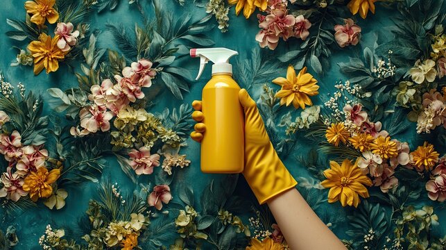 Stylish home cleaning concept with yellow gloved hand holding spray bottle against a floral backdrop for vibrant spring cleaning campaigns and fresh lifestyle imagery