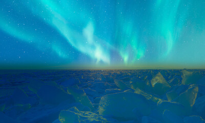 Beautiful winter landscape of frozen Lake Baikal with Aurora Borealis - Snowy ice hummocks with...