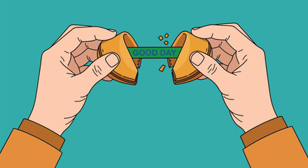 Hands breaking a fortune cookie revealing the message good day inside