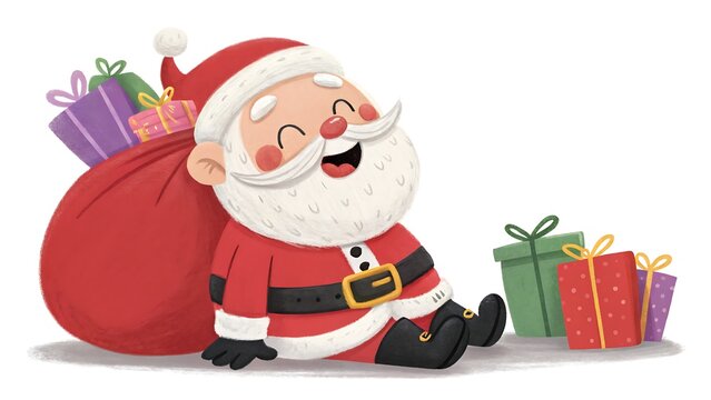 A happy cartoon santa claus with a white beard and red suit, sitting next to a large red sack full of colorful presents and additional gifts on the ground, isolated on white background