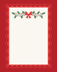 Elegant Christmas and New Year Greeting Card Illustration on a Red Background with Red Ribbon Accents and Holiday Leaves Surrounding a Central White Blank Space, Perfect for Seasonal Posters.