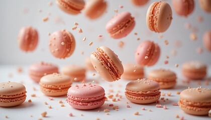 Fototapeta premium Floating Pastel Macarons with Crumbled Sugar Splash