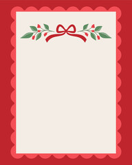 Christmas and New Year Greeting Card Illustration Featuring a Red Background with Red Ribbon and Decorative Leaves Framing a White Blank Space in the Center, Designed with Classic Christmas Elements.
