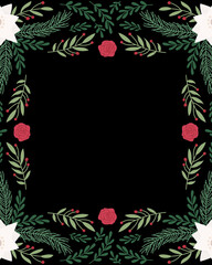 Black Background Christmas and Happy New Year Holiday Card Illustration with Classic Tree Branch Frames, Gift Decorations and Festive Seasonal Elements, Ideal for Posters, Greeting Cards and Winter Pa