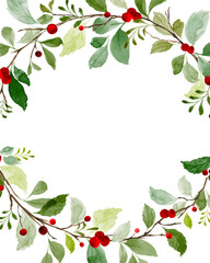 Christmas and New Year Greeting Card Illustration Featuring White Background, Green Tree Branch Borders, Gift Boxes and Holiday Icons, Perfect for Winter Posters, Festive Cards and Packaging Artwork