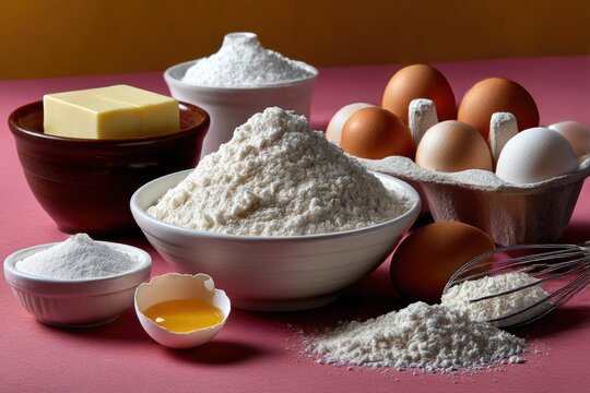 Baking ingredients eggs in carton flour butter sugar egg yolk in shell and whisk on a pink and yellow surface