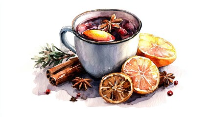 A cozy mug of spiced beverage is surrounded by citrus slices, cinnamon sticks, and herbs, evoking warmth and comfort.