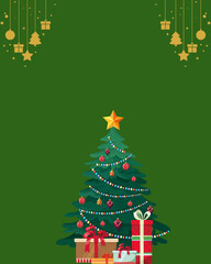 Christmas Greeting Card Illustration on Green Background Featuring a Classic Decorated Christmas Tree, Gift Boxes and Festive Holiday Elements, Ideal for Seasonal Posters, Winter Holiday Banner