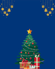 Blue Background Christmas Greeting Card Artwork with Traditional Decorated Christmas Tree, Wrapped Presents and Holiday Accents, Perfect for Posters, Seasonal Packaging and Festive Greeting Card