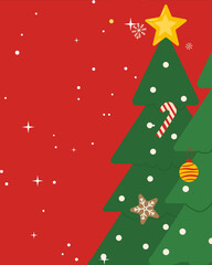 Christmas Greeting Card Illustration with Red Background, Classic Christmas Tree, Gift Decorations and Festive Elements, Designed for Holiday Posters, Seasonal Packaging and Winter Greeting Cards