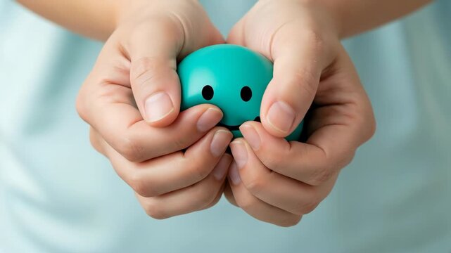 Hands holding a smiling ball promoting happiness and emotional well being