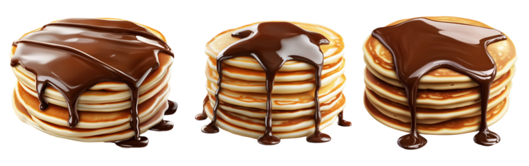 Stack of golden pancakes covered in thick chocolate syrup, isolated on white background, concept of sweet breakfast