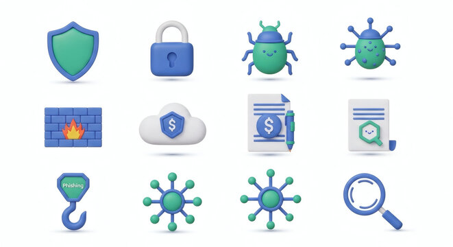 Comprehensive 3D Icon Set for Cybersecurity, Data Protection, Digital Threats, and Online Safety Concepts - Powered by Adobe