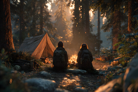 Traveler couple camping in the forest and relaxing near campfire after a hard day. Concept of trekking, adventure and seasonal vacation.