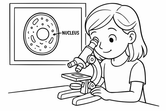 Children's coloring book - Young girl studying with microscope and image of cell nucleus  
